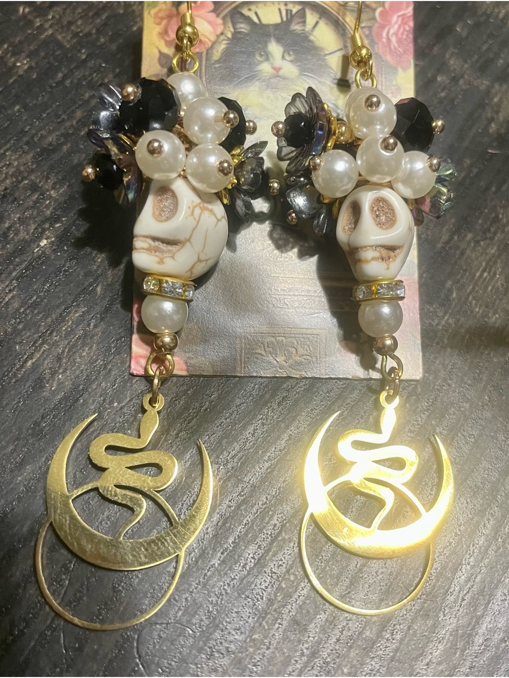 Gold-Tone Crescent & Snake Drop Earrings with Pearl and Skull Accents